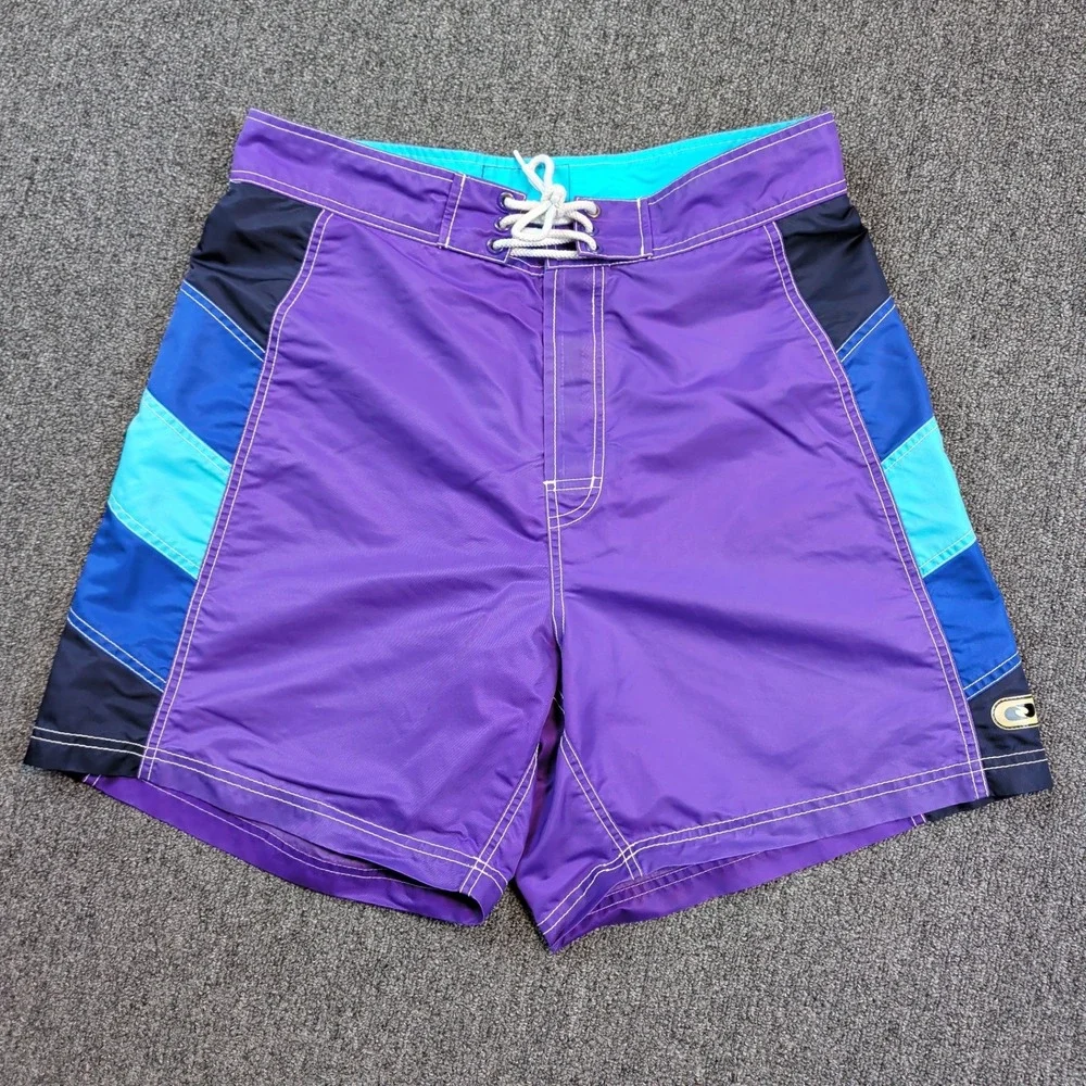 Tommy Hilfiger Vintage Retro Board Shorts M Purple Colorblock Surf Swim Trunks